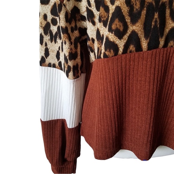 Rolled Neck Leopard Print Long Sleeve Panel Color Block Sweater Turtleneck - Picture 7 of 10